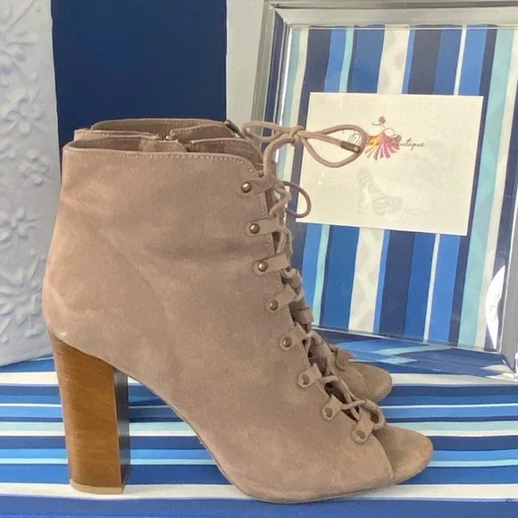 Light brown/beige suede like lace up open toe chunky high heel ankle booties - Picture 7 of 15